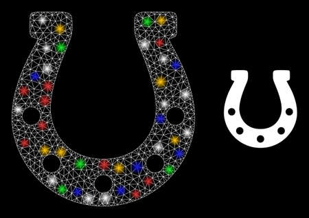 Glowing mesh net horseshoe with vibrant light dots. Constellation vector mesh created from horseshoe pictogram. Sparkle carcass mesh horseshoe, on a black backgound.のイラスト素材