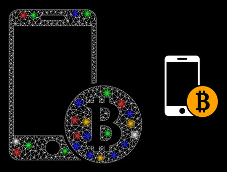 Bright mesh network mobile bitcoin payment with multi colored glowing spots. Illuminated vector carcass created from mobile bitcoin payment icon. Sparkle carcass mesh mobile bitcoin payment,のイラスト素材