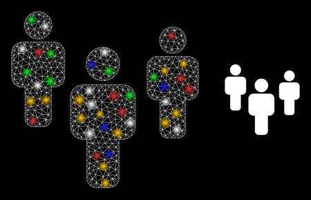Glowing mesh web people with multi colored flash nodes. Constellation vector model created from people symbol. Sparkle constellation wired people, on a black backgound.のイラスト素材