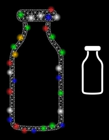 Shiny mesh web empty bottle with multi colored light dots. Illuminated vector frame created from empty bottle symbol. Sparkle frame polygonal empty bottle, on a black backgound.のイラスト素材