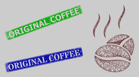 Carcass crossing mesh cacao aroma model, and Original Coffee blue and green rectangular corroded stamp seals. Carcass net mesh image is created from cacao aroma pictogram.のイラスト素材