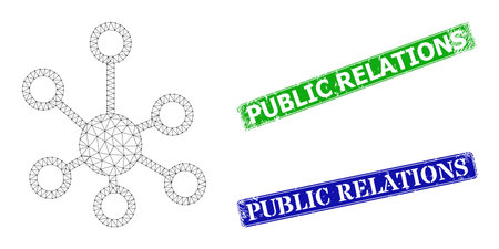 Triangular relations image, and Public Relations blue and green rectangular dirty seal imitations. Mesh wireframe image is created from relations pictogram.のイラスト素材