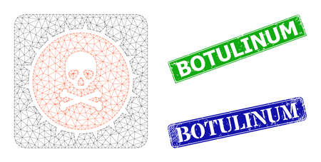 Mesh pandora box model, and Botulinum blue and green rectangle textured stamps. Mesh carcass illustration is created from pandora box icon. Stamps have Botulinum title inside rectangle shape.のイラスト素材