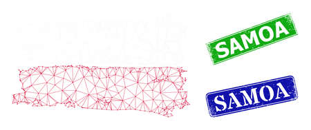 Mesh Poland flag model, and Samoa blue and green rectangle dirty stamp seals. Mesh carcass image is based on Poland flag icon. Stamp seals have Samoa title inside rectangle frame.のイラスト素材