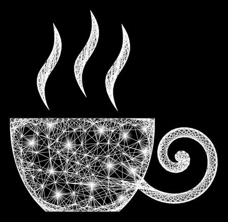 Bright net mesh coffee cup framework with glowing spots. Illuminated vector mesh created from coffee cup symbol and intersected white lines. Sparkle constellation mesh coffee cup.のイラスト素材
