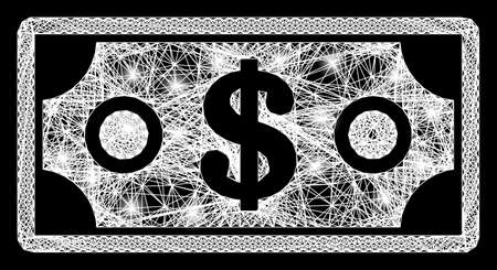 Bright net mesh dollar banknote model with light spots. Illuminated vector mesh created from dollar banknote pictogram and intersected white lines. Sparkle frame wired dollar banknote.のイラスト素材