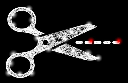 Glowing crossing mesh scissors line framework with lightspots. Constellation vector mesh created from scissors line symbol and crossed white lines. Sparkle constellation polygonal scissors line,のイラスト素材
