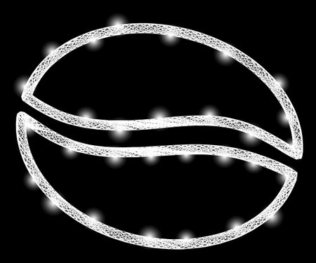 Bright net cacao beans wireframe with bright dots. Constellation vector carcass created from cacao beans symbol and crossing white lines. Sparkle constellation mesh cacao beans, on a black backgound.のイラスト素材