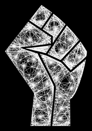 Bright net fist frame with bright dots. Constellation vector carcass created from fist pictogram and intersected white lines. Sparkle carcass wired fist, on a black backgound.のイラスト素材