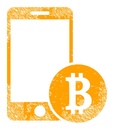 Mobile bitcoin payment icon with grunge style. Isolated vector mobile bitcoin payment icon image with scratched rubber texture on a white background.のイラスト素材