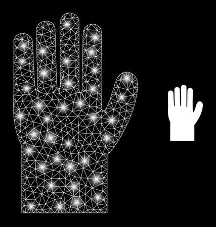 Bright mesh vector hand with glare effect. White mesh, bright spots on a black background with hand icon. Mesh and lightspot elements are placed on different layers.のイラスト素材