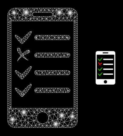 Magic mesh vector mobile check list with glare effect. White mesh, glare spots on a black background with mobile check list icon. Mesh and lightspot elements are placed on different layers.のイラスト素材