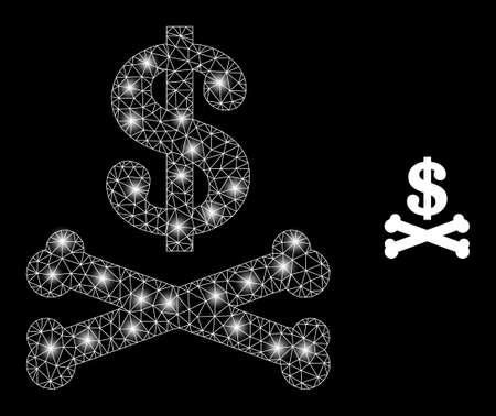 Glamour mesh vector dead dollar with glare effect. White mesh, glare spots on a black background with dead dollar icon. Mesh and glare elements are placed on different layers.のイラスト素材