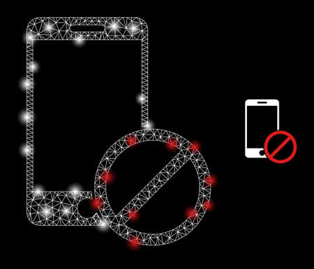 Magic mesh vector deny smartphone with glow effect. White mesh, bright spots on a black background with deny smartphone icon. Mesh and lightspot elements are placed on different layers.のイラスト素材