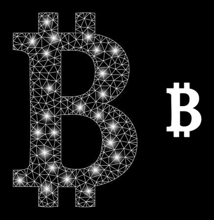 Glamour mesh vector bitcoin symbol with glare effect. White mesh, glare spots on a black background with bitcoin symbol icon. Mesh and lightspot elements are placed on different layers.のイラスト素材