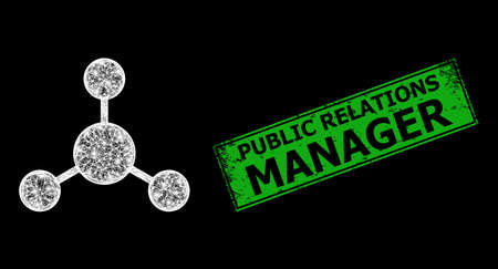 Glare crossing mesh node links frame with flash nodes, and green rectangle grunge Public Relations Manager seal. Illuminated vector frame created from node links symbol and intersected white lines.のイラスト素材