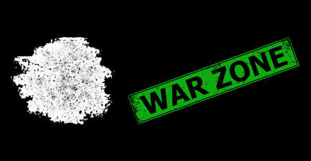 Glowing crossing mesh charcoal textured spot framework with bright dots, and green rectangular rubber War Zone stamp seal.のイラスト素材