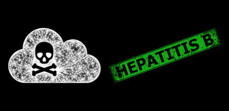 Glowing net mesh toxic gas wireframe with lightspots, and green rectangular rubber Hepatitis B seal. Constellation vector structure created from toxic gas icon and crossed white lines.のイラスト素材
