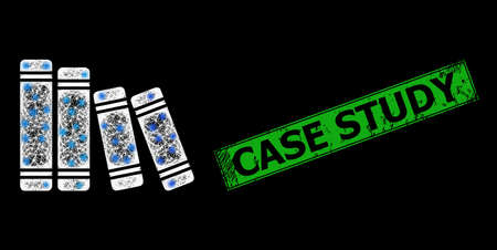 Glare net mesh books frame with lightspots, and green rectangle rubber Case Study seal imitation. Constellation vector framework created from books pictogram and crossing white lines.のイラスト素材