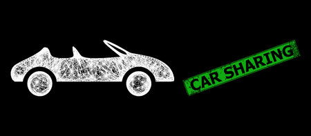 Flare net mesh cabriolet car frame with light dots, and green rectangular corroded Car Sharing stamp. Illuminated vector mesh created from cabriolet car icon and crossing white lines.のイラスト素材