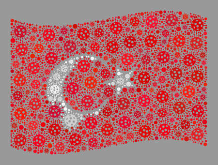 Mosaic waving Turkey flag constructed of Covid-2019 elements. Vector covid mosaic waving Turkey flag done for inoculation wallpapers. Designed for political or patriotic collages.のイラスト素材