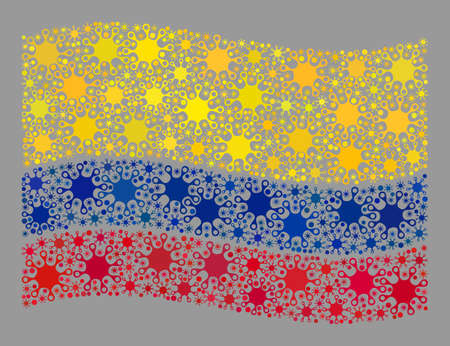Waving mosaic Colombia flag designed of virus elements. Colombia flag collage is created of scattered cell elements.のイラスト素材