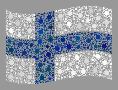 Waving mosaic Finland flag created of viral elements. Finland flag collage is designed of random infection particles. Vector coronavirus mosaic waving Finland flag designed for medicare wallpapers.のイラスト素材