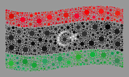 Waving mosaic Libya flag designed of cell icons. Libya flag collage is created of randomized covid particles. Vector coronavirus mosaic waving Libya flag created for medicare propaganda.のイラスト素材