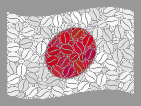 Mosaic waving Japan flag is created of coffee seed icons. Vector coffee mosaic waving Japan flag created for coffeeshop purposes. Japan flag collage is organized of randomized coffee seeds.のイラスト素材