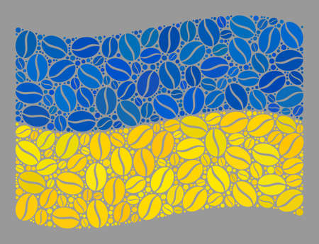 Mosaic waving Ukraine flag is designed with coffee seed elements. Vector coffee collage waving Ukraine flag done for cafe purposes. Ukraine flag collage is created with randomized coffee.のイラスト素材