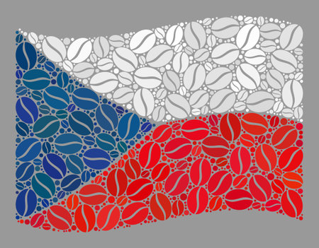 Mosaic waving Czech flag is constructed of coffee seed icons. Vector coffee collage waving Czech flag organized for coffee shops purposes. Czech flag collage is organized of randomized chocolate.のイラスト素材