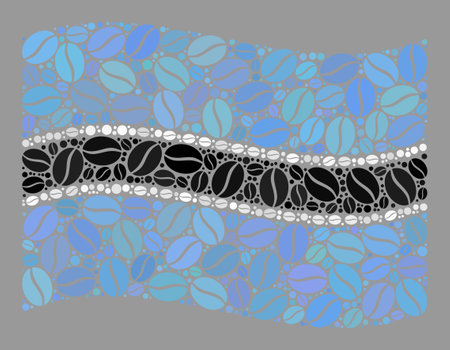Mosaic waving Botswana flag created with coffee grain items. Vector coffee collage waving Botswana flag created for coffee shops awards. Botswana flag collage is created of randomized coffee seeds.のイラスト素材