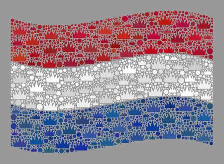 Mosaic waving Netherlands flag designed of crown items. Brand vector mosaic waving Netherlands flag organized for rate purposes. Designed for political and patriotic purposes.のイラスト素材