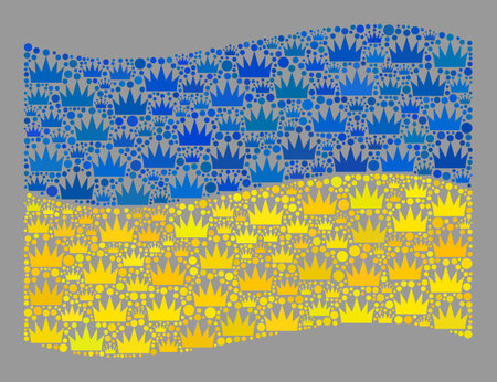 Mosaic waving Ukraine flag created of crown items. Luxury vector mosaic waving Ukraine flag created for award purposes. Designed for political and patriotic doctrines.のイラスト素材