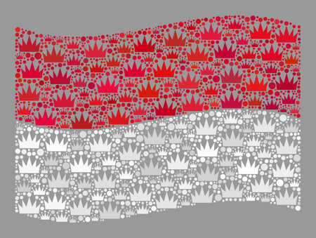 Mosaic waving Indonesia flag created of crown elements. Luxury vector mosaic waving Indonesia flag created for emperor posters. Designed for political or patriotic collages.のイラスト素材