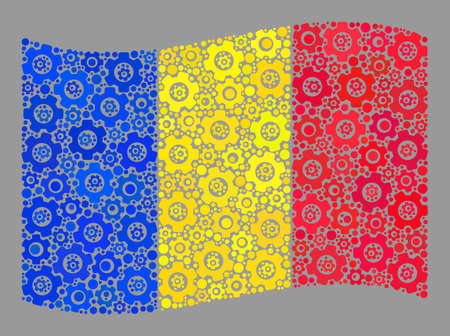 Mosaic waving Romania flag created with technical icons. Vector gear wheel collage waving Romania flag created for development posters. Romania flag collage is created from scattered machinery icons.のイラスト素材