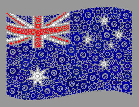 Mosaic waving Australia flag created of mechanic items. Vector gear mosaic waving Australia flag created for control propaganda. Australia flag collage is made of random control items.のイラスト素材