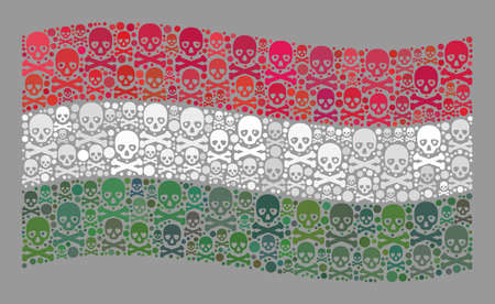 Mosaic waving Hungary flag designed with toxic icons. Hazard vector waving collage Hungary flag designed for fear illustrations. Designed for political and patriotic proclamations.のイラスト素材