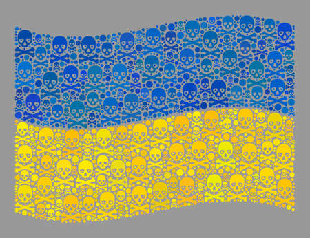 Mosaic waving Ukraine flag designed of piracy elements. Hazard vector waving collage Ukraine flag organized for hazard applications. Designed for political or patriotic propaganda.のイラスト素材