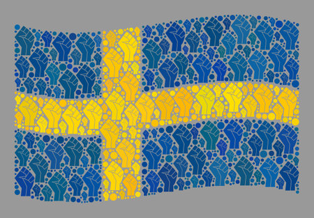 Mosaic waving Sweden flag created of fighter palm items. Riot hand vector collage waving Sweden flag created for fighter apps. Designed for political and patriotic posters.のイラスト素材