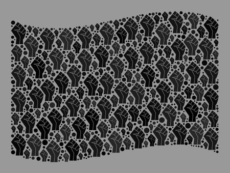 Mosaic waving black flag designed of riot hand icons. Riot hand vector collage windy black flag constructed for fighter posters. Designed for political or patriotic projects.のイラスト素材