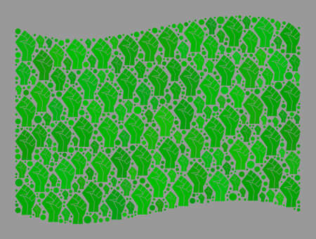 Mosaic waving green flag created of fist elements. Solidarity fist vector mosaic waving green flag...