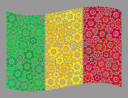 Mosaic waving Mali flag created with wheel icons. Vector gear mosaic waving Mali flag created for control projects. Mali flag collage is formed with scattered system icons.のイラスト素材