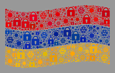 Mosaic coronavirus lockdown waving Armenia flag designed of locks and viral icons. Vector collage waving Armenia flag organized for epidemic advertisement.のイラスト素材