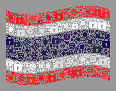 Mosaic covid lockdown waving Thailand flag constructed with locks and cell icons. Vector mosaic waving Thailand flag constructed for medicare advertisement.のイラスト素材