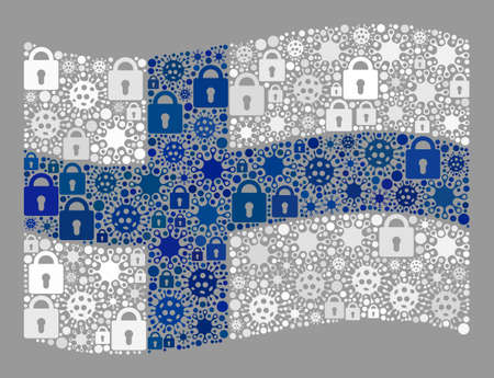 Mosaic covid lockdown waving Finland flag created of locks and viral icons. Vector mosaic waving Finland flag done for pandemic propaganda.のイラスト素材