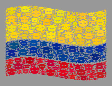 Mosaic waving Colombia flag created of graduation hat elements. University vector mosaic waving Colombia flag designed for academic propaganda.のイラスト素材