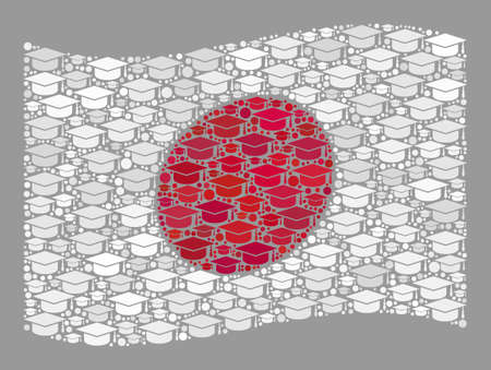 Mosaic waving Japan flag constructed of student hat items. Education vector mosaic waving Japan flag organized for intelligence illustrations.のイラスト素材