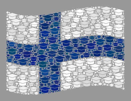 Mosaic waving Finland flag constructed with learning cap icons. Student vector collage waving Finland flag designed for academic apps.のイラスト素材