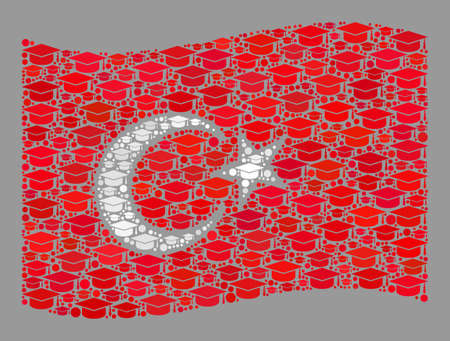 Mosaic waving Turkey flag designed with graduation cap items. School vector collage waving Turkey flag constructed for intelligence projects.のイラスト素材